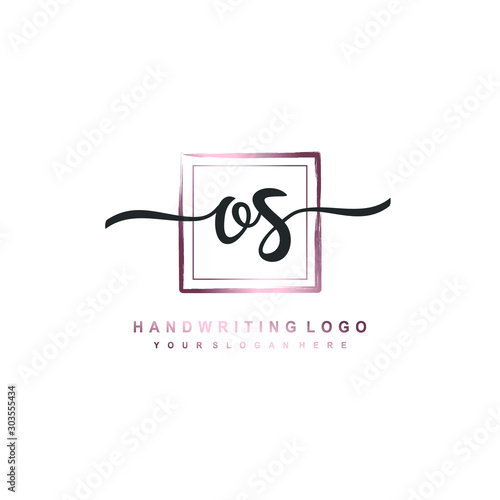 OS Initial handwriting logo design with brush box lines dark pink color gradation. handwritten logo for fashion, team, wedding, luxury logo.
