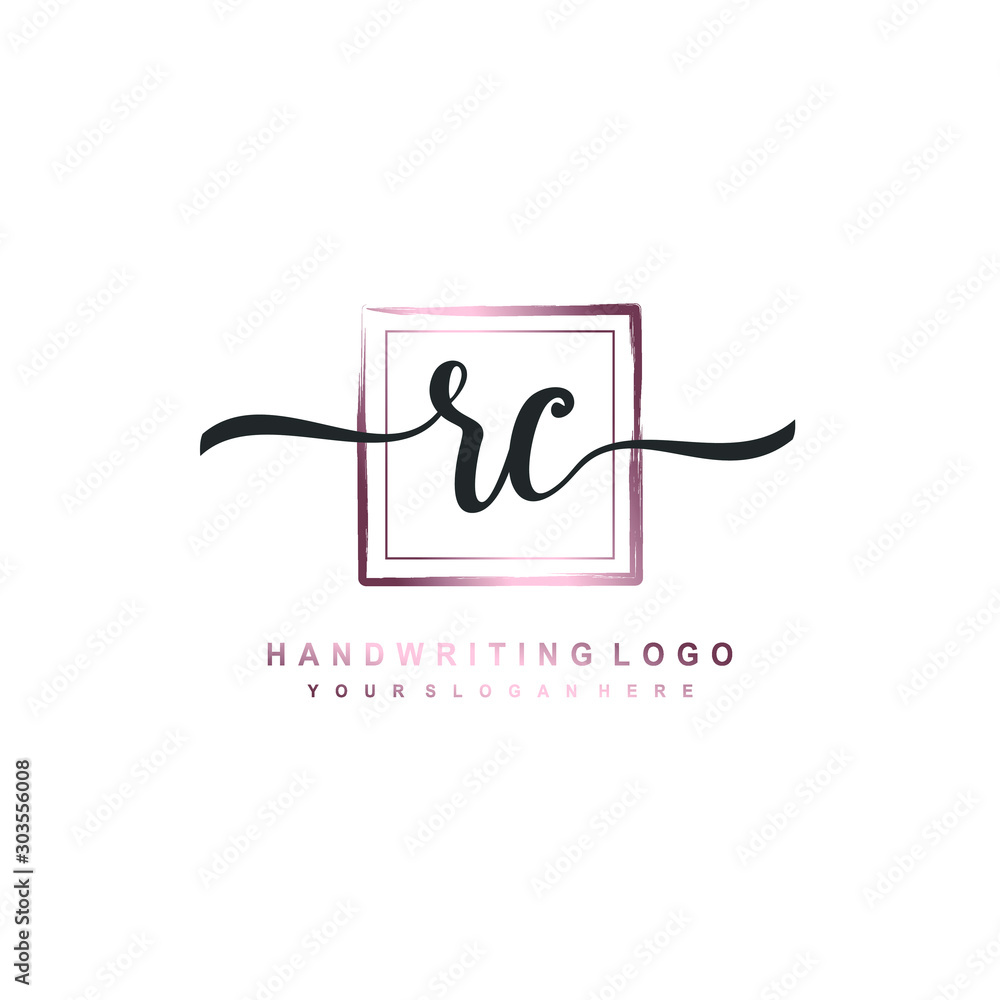 RC Initial handwriting logo design with brush box lines dark pink color gradation. handwritten logo for fashion, team, wedding, luxury logo.