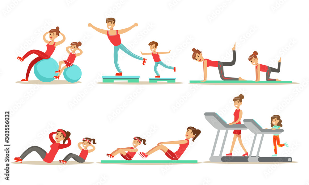 Parents With Kids Doing Fitness Exercises Together Vector Illustration Set Isolated On White Background
