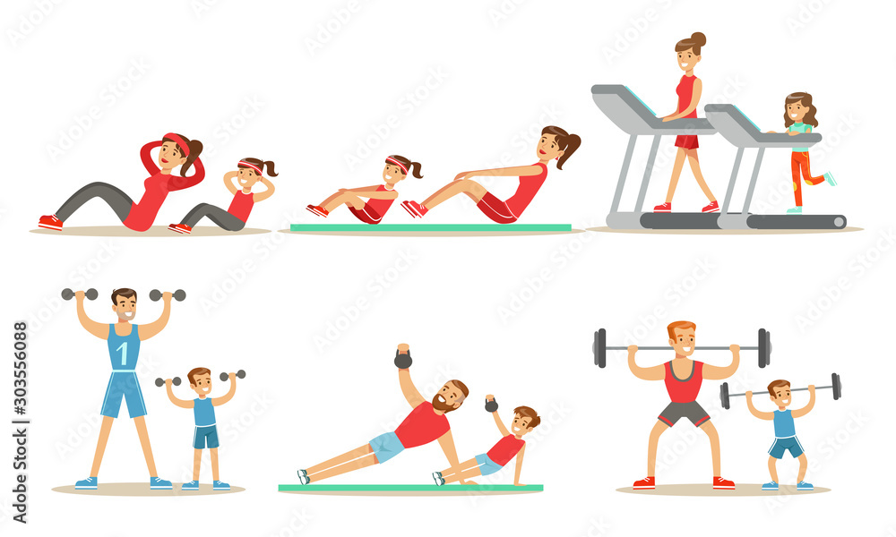 Parents With Kids Doing Sports Exercises In Gym Together Vector Illustration Set Isolated On White Background