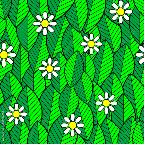 Seamless pattern of white daisies on green leaves