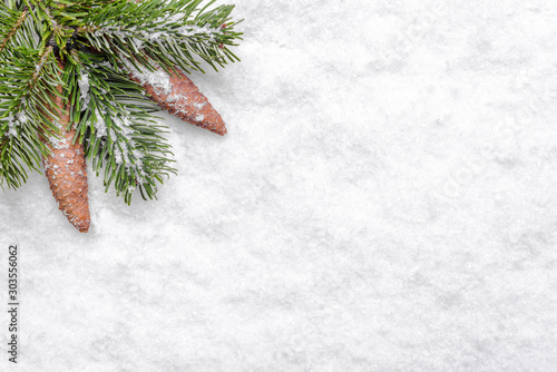 Christmas snow and fir tree branch with pine cones, natural christmas background, flat lay, top view