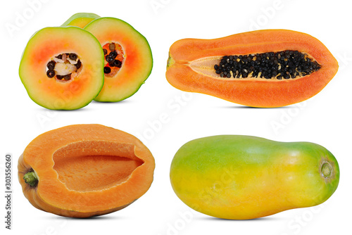 Set of papaya fruit isolated on white background