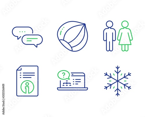 Hazelnut, Restroom and Online help line icons set. Dots message, Technical info and Snowflake signs. Vegetarian nut, Wc toilet, Web support. Chat bubble. Line hazelnut outline icons. Vector