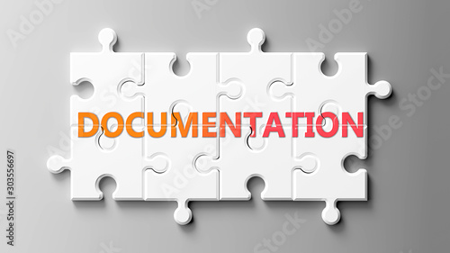 Documentation complex like a puzzle - pictured as word Documentation on a puzzle pieces to show that Documentation can be difficult and needs cooperating pieces that fit together, 3d illustration