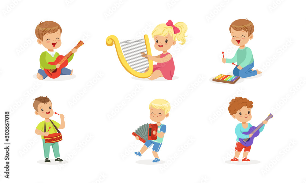 Little Kids Playing Musical Instruments Vector Illustrations Set