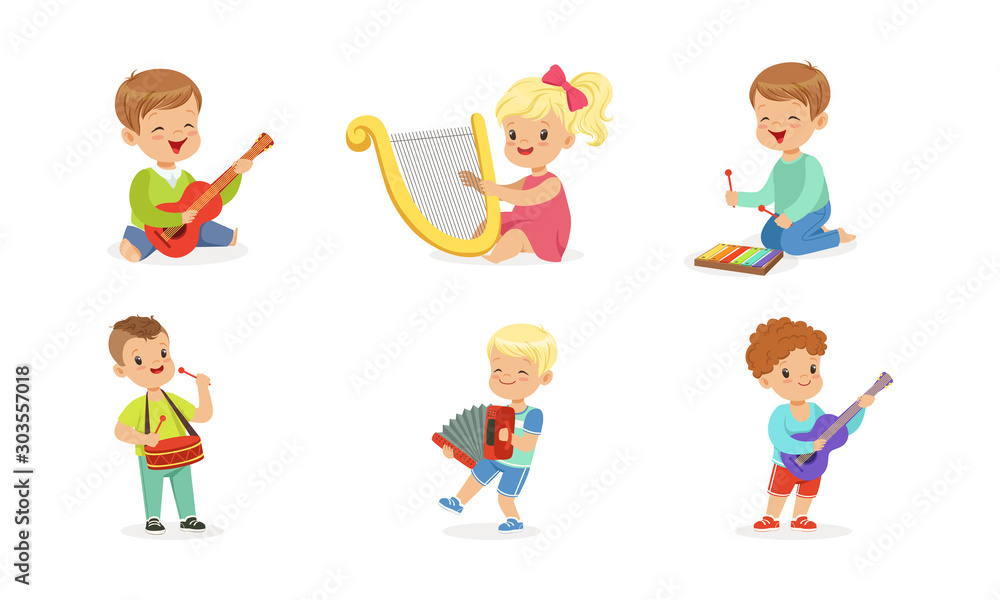 Little Kids Playing Musical Instruments Vector Illustrations Set Little Kids Playing Musical Instruments Vector Illustrations Set