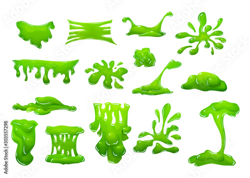 Realistic green slime in the shape of dripping blob splashes smudges. Green goo splat toxic slimy liquid which is dripping, stretching. Radioactive spots and drops vector cartoon illustration
