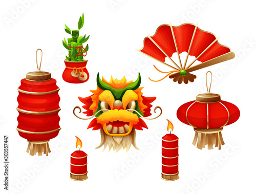Elements for Chinese traditional Happy New Year with lantern dragon mask red burning candles amulet fan cartoon vector illustration