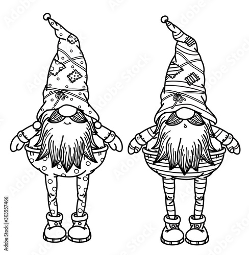 Vector  cute gnomes cartoons, black  silhouette isolated on white for coloring.