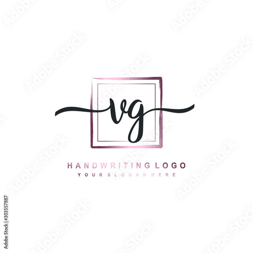 VG Initial handwriting logo design with brush box lines dark pink color gradation. handwritten logo for fashion  team  wedding  luxury logo.