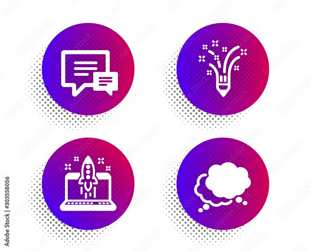 Comment, Inspiration and Start business icons simple set. Halftone dots button. Speech bubble sign. Talk bubbles, Creativity pencil, Launch idea. Chat message. Business set. Vector Comment, Inspiration and Start business icons simple set. Halftone dots button. Speech bubble sign. Talk bubbles, Creativity pencil, Launch idea. Chat message. Business set. Vector