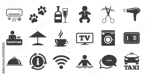 Set of Hotel services icons. Information, chat bubble icon. Taxi, Wifi internet and Swimming pool signs. Coffee, Wine bottle and Air conditioning symbols. Quality set. Vector