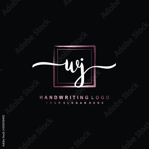 WJ Initial handwriting logo design with brush box lines dark pink color gradation. handwritten logo for fashion, team, wedding, luxury logo. © VOKE VICTORI