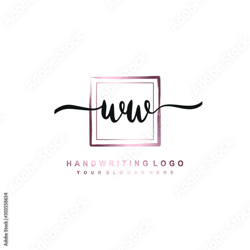 WW Initial handwriting logo design with brush box lines dark pink color gradation. handwritten logo for fashion  team  wedding  luxury logo.