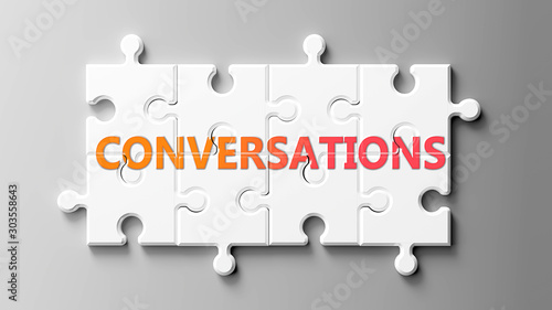 Obraz na plátne Conversations complex like a puzzle - pictured as word Conversations on a puzzle