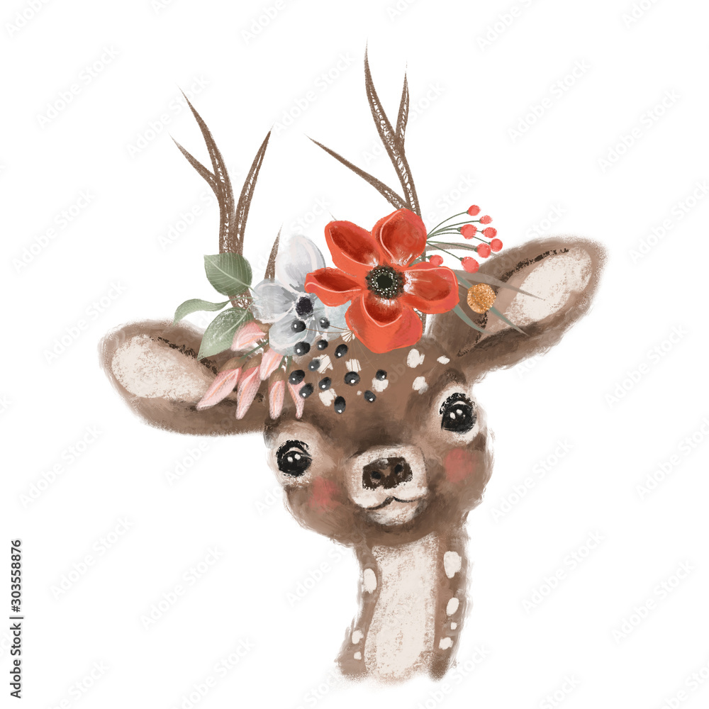 Fototapeta Cute hand drawn deer, fawn in floral wreath, flowers bouquet, woodland watercolor animal portrait