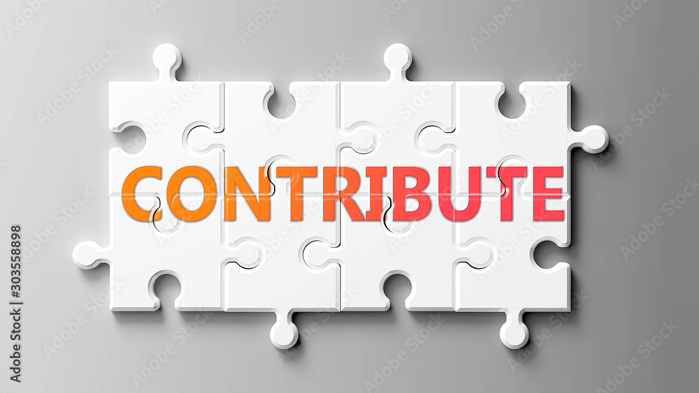 Αυτοκόλλητο Contribute complex like a puzzle - pictured as word Contribute on a puzzle piece