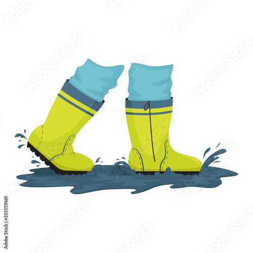 A man in rubber boots is walking through puddles. Rainy weather. Vector illustration.