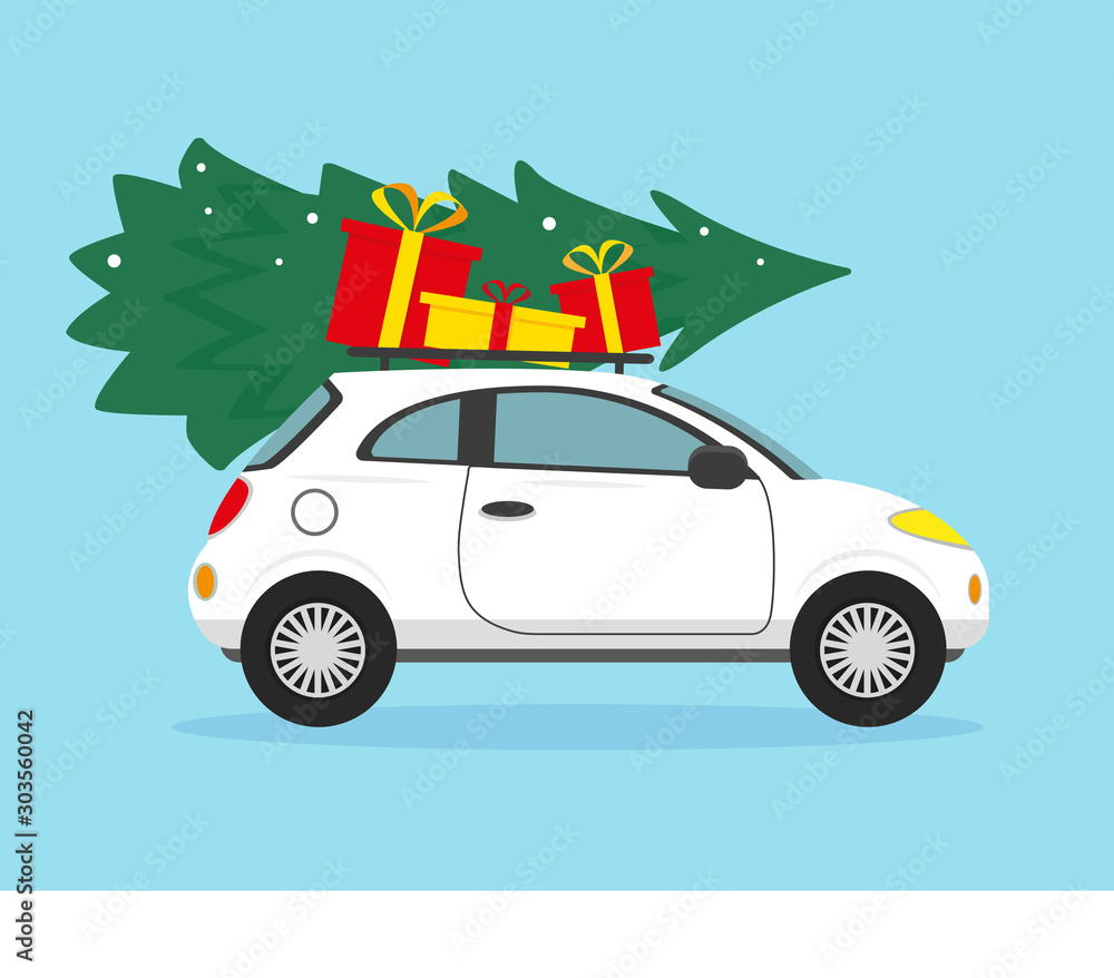 White car with Christmas tree and gifts on the roof. Christmas and New Year vector illustration. White car with Christmas tree and gifts on the roof. Christmas and New Year vector illustration.