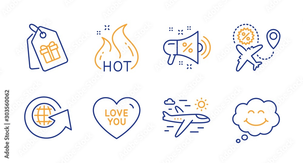 Sale megaphone, Airplane travel and Hot sale line icons set. Coupons, Love you and World globe signs. Smile symbol. Shopping, Trip flight. Holidays set. Line sale megaphone icon. Vector