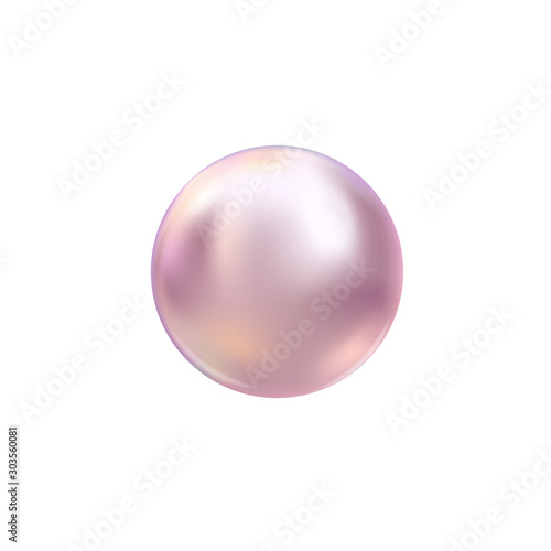 Vector illustration of single shiny natural light purple sea oyster pearl with light effects isolated on white background. Beautiful 3D shining realistic pearl for luxury accessories.