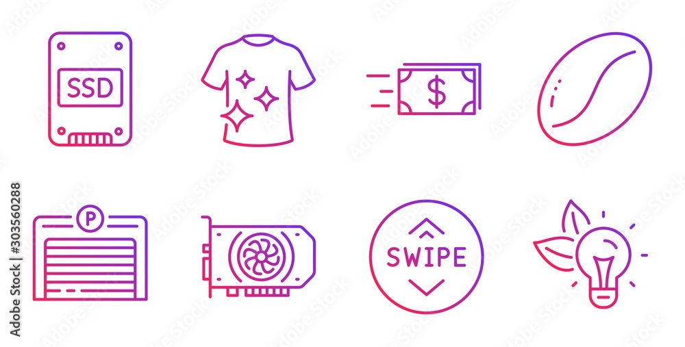 Money transfer, Ssd and Gpu line icons set. Swipe up, Clean t-shirt and Coffee beans signs. Parking garage, Eco energy symbols. Cash delivery, Solid-state drive. Gradient money transfer icon. Vector Money transfer, Ssd and Gpu line icons set. Swipe up, Clean t-shirt and Coffee beans signs. Parking garage, Eco energy symbols. Cash delivery, Solid-state drive. Gradient money transfer icon. Vector