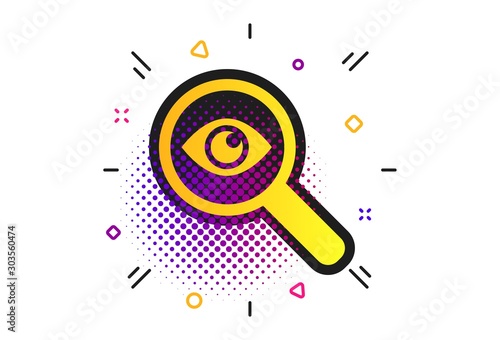 Investigate icon. Halftone dots pattern. Magnifying glass with eye symbol. Classic flat investigate icon. Vector