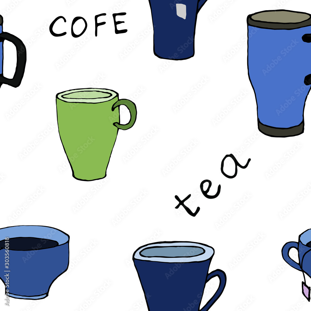 Tea and coffee cups, mugs. Vector illustration. Seamless texture. Pattern. For print, design, back surface, textiles, tablecloths, kitchens, packaging, bedding. Colored hand drawn vector illu