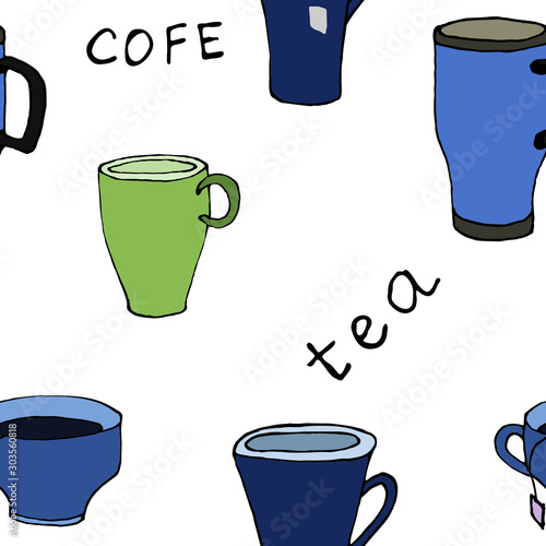Obraz na płótnie Tea and coffee cups, mugs. Vector illustration. Seamless texture. Pattern. For print, design, back surface, textiles, tablecloths, kitchens, packaging, bedding. Colored hand drawn vector illu w salonie