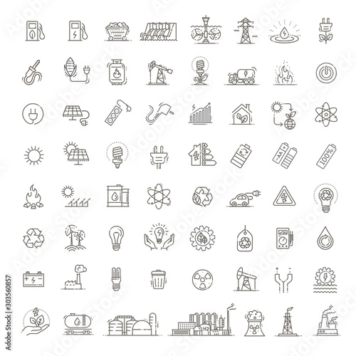 Collection of linear style vector icons on the theme of electric power. Renewable and non-renewable resources