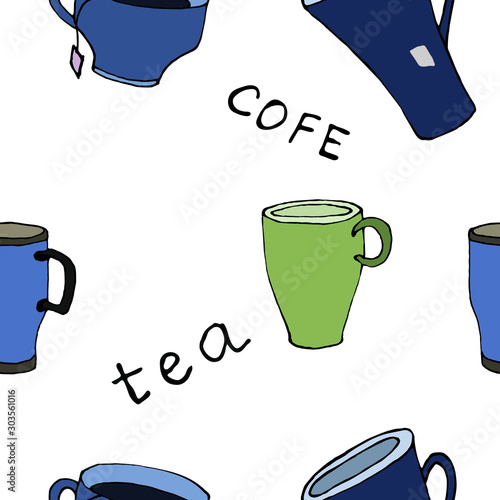Tea and coffee cups, mugs. Vector illustration. Seamless texture. Pattern. For print, design, back surface, textiles, tablecloths, kitchens, packaging, bedding. Colored hand drawn vector illu