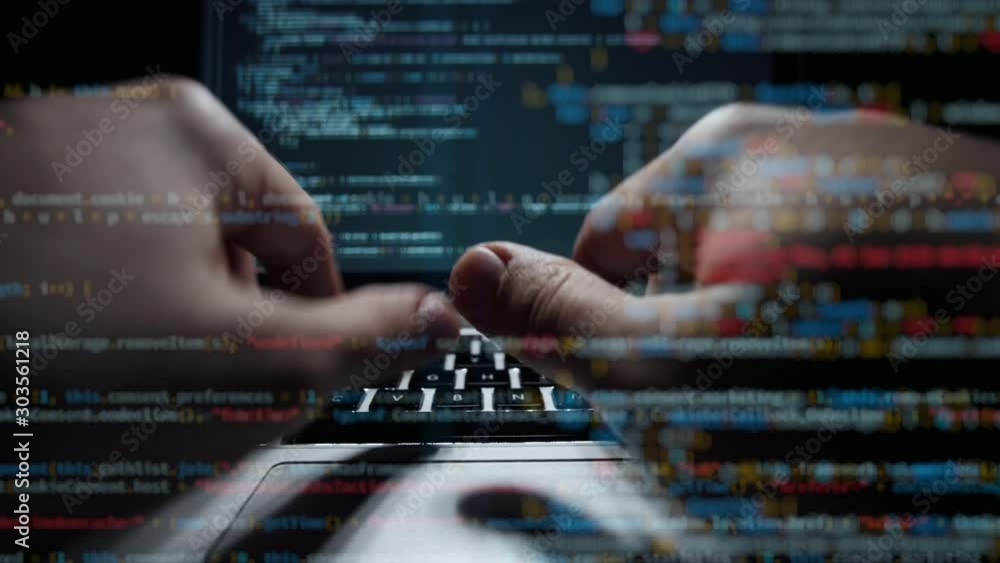 Cinematic close up of hands typing code on a keyboard with Multiple ...