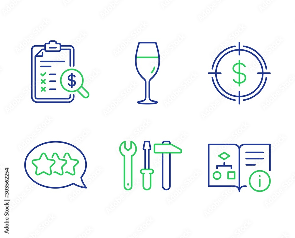 Spanner tool, Stars and Wineglass line icons set. Accounting report, Dollar target and Technical algorithm signs. Repair screwdriver, Customer feedback, Burgundy glass. Check finance. Vector Spanner tool, Stars and Wineglass line icons set. Accounting report, Dollar target and Technical algorithm signs. Repair screwdriver, Customer feedback, Burgundy glass. Check finance. Vector