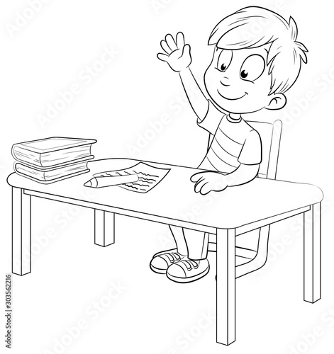 Junge an Schultisch zeigt auf - Vektor-Illustration