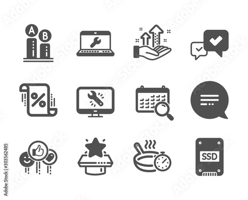 Set of Technology icons, such as Analysis graph, Loan percent, Monitor repair, Search calendar, Approve, Text message, Like, Winner podium, Laptop repair, Ab testing, Ssd, Frying pan. Vector