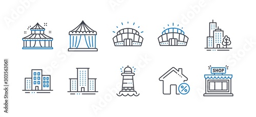 Set of Buildings icons, such as Circus, Sports stadium, University campus, Lighthouse, Loan house, Arena stadium, Circus tent, Skyscraper building, Shop line icons. Line circus icon. Vector
