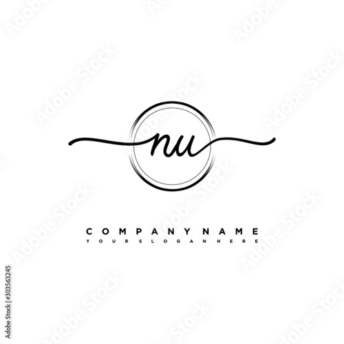 NU Initial handwriting logo design with brush circle lines black color. handwritten logo for fashion, team, wedding, luxury logo.