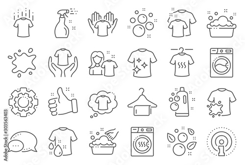 Laundry line icons. Dryer, Washing machine and dirt shirt. Laundromat, hand washing, soap bubbles in basin icons. Dry t-shirt, laundry service, dirty smudge spot. Clean clothes. Line signs set. Vector