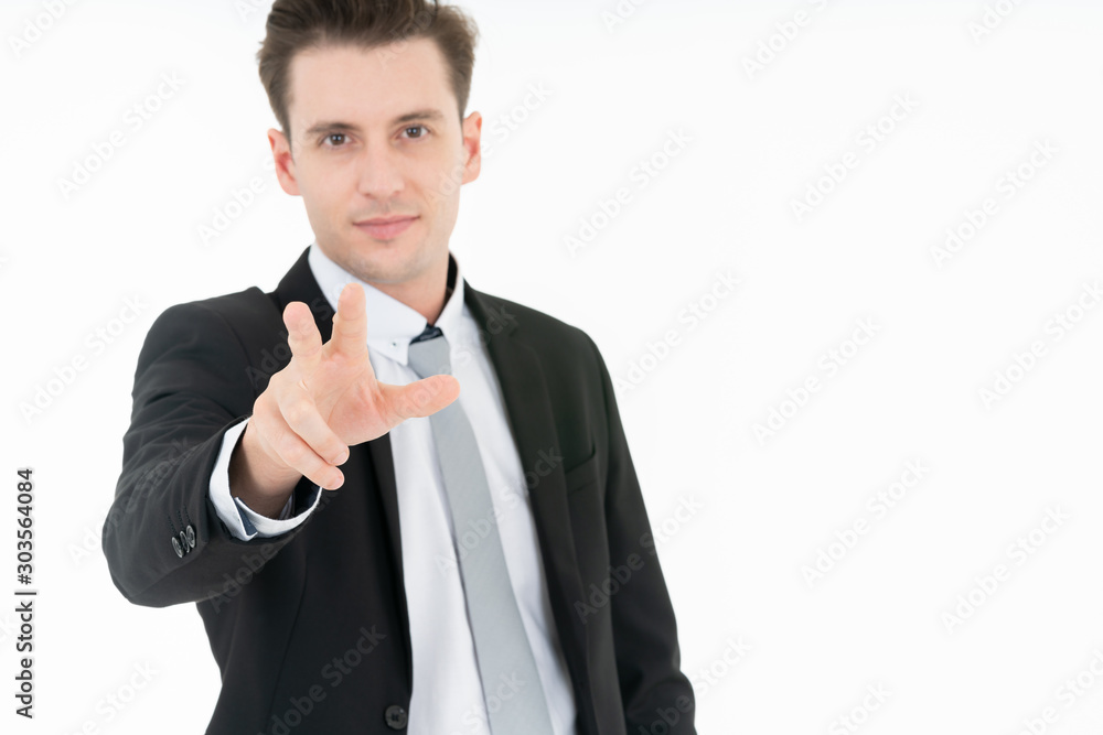Portrait of businessman in dark grey suit on white background action hand point using as professional modern business people and office concept. Portrait of businessman in dark grey suit on white background action hand point using as professional modern business people and office concept.