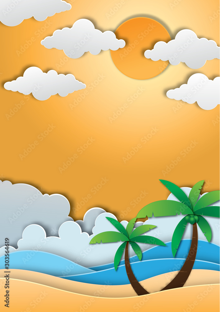 landscape with coconut palm trees at sunset background ,Silhouette vector background, Paper art style.