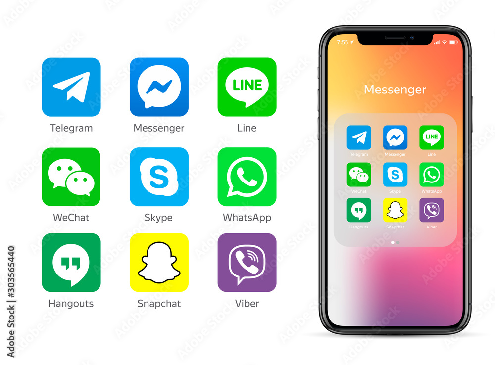 messenger icons: Telegram, Messenger, Line, WeChat, Skype, WhatsApp, Viber,  Hangouts, Snapchat Stock Vector | Adobe Stock
