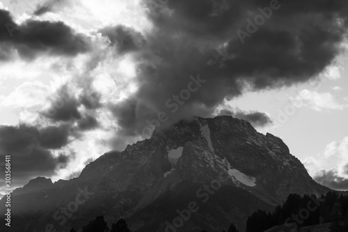 Snow capped mountain in black and white