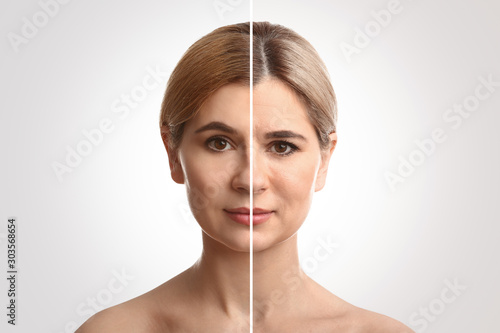 Comparison portrait of woman on light background. Process of aging
