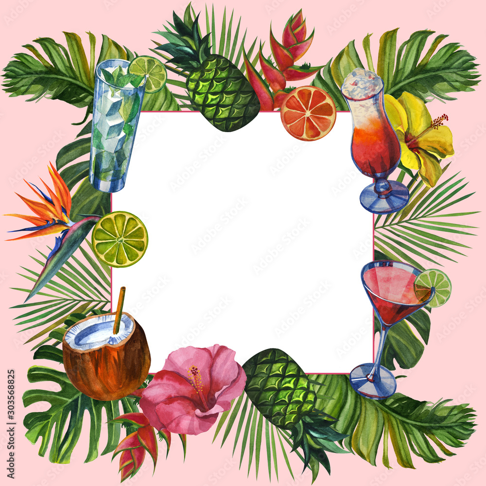Naklejka premium Watercolour card with tropical palm leaves, bananas, pineapples, drinks party and flowers. Summer background