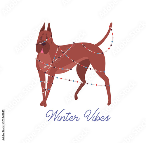 Funny dog tangled in Christmas garland flat illustration with inscription