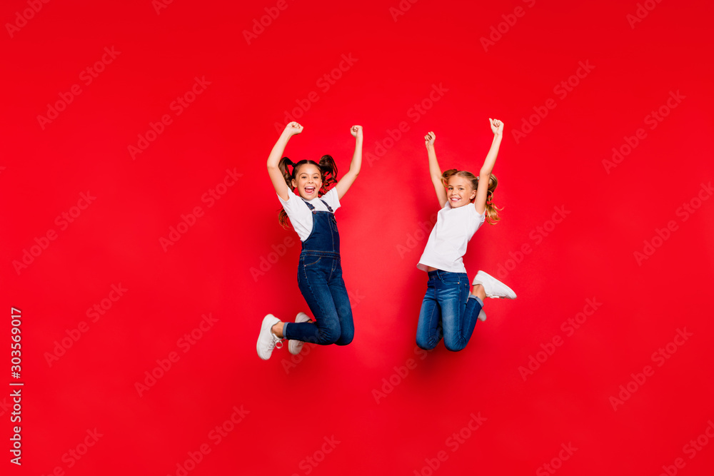 Full length photo of two ecstatic brown blonde hair girlfriends with tails jump win x-mas lottery raise fists scream yeah wear white t-shirt outfit isolated red color background Full length photo of two ecstatic brown blonde hair girlfriends with tails jump win x-mas lottery raise fists scream yeah wear white t-shirt outfit isolated red color background