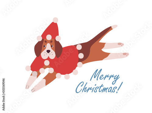 Cute dog in red cape and Santa hat cartoon illustration