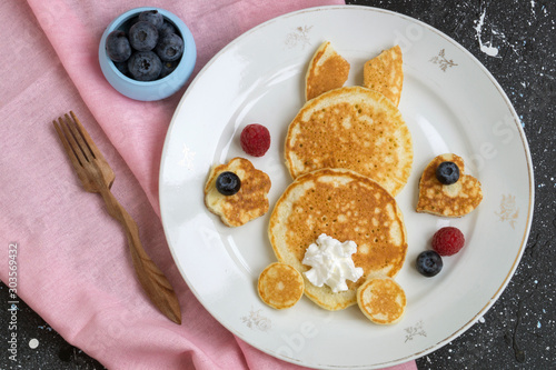 funny bunny made from pancakes for children for Breakfast