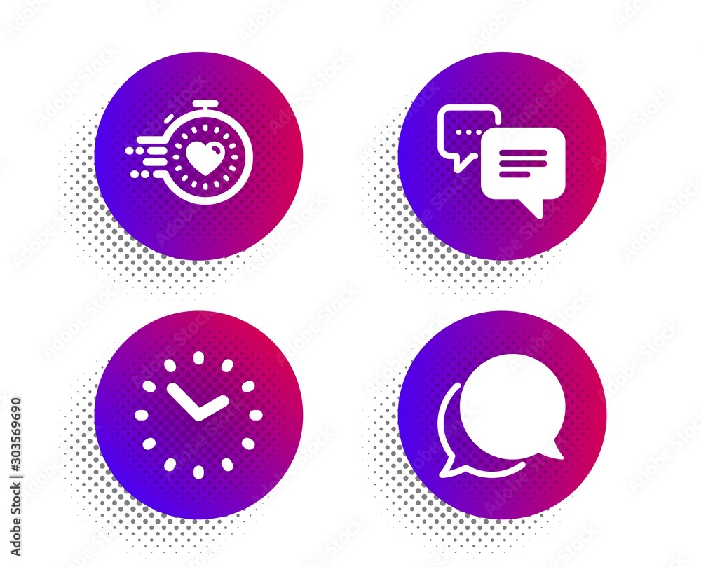 Timer, Dots message and Time icons simple set. Halftone dots button. Chat message sign. Deadline management, Chat bubble, Clock. Speech bubble. Technology set. Classic flat timer icon. Vector Timer, Dots message and Time icons simple set. Halftone dots button. Chat message sign. Deadline management, Chat bubble, Clock. Speech bubble. Technology set. Classic flat timer icon. Vector